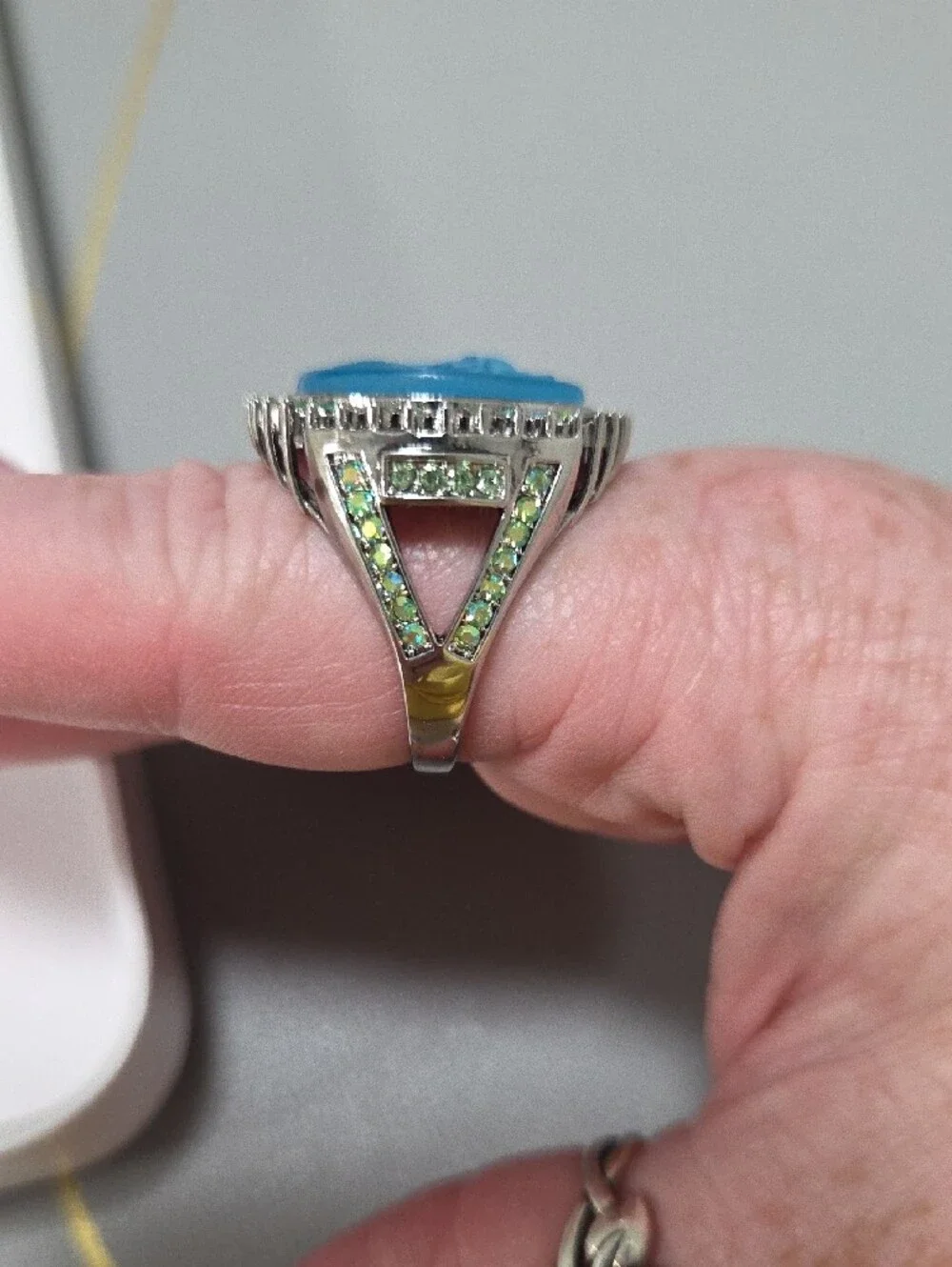 Kirks Folly Blue Unicorn Cameo Ring with Green Crystal Halo